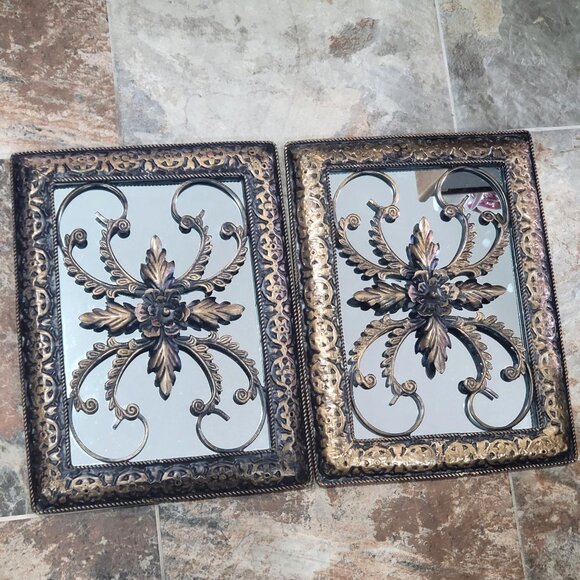 Wall Hanging Decor Mirror Metal Floral Pattern Overlay Wrought Metal Frame - Picture 6 of 13